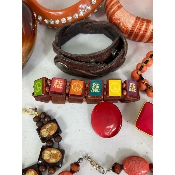 Boho Red Brown Orange Jewelry Lot Bracelets Bangles Necklaces Chunky Mixed Set - Picture 10 of 12